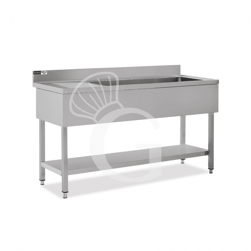 Spültisch, Edelstahl, Abtropffläche links, Grundboden, Aufkantung, 1 Becken, B 1600 x T 600 x H 965 mm, Hahnloch (Ø 32 mm)