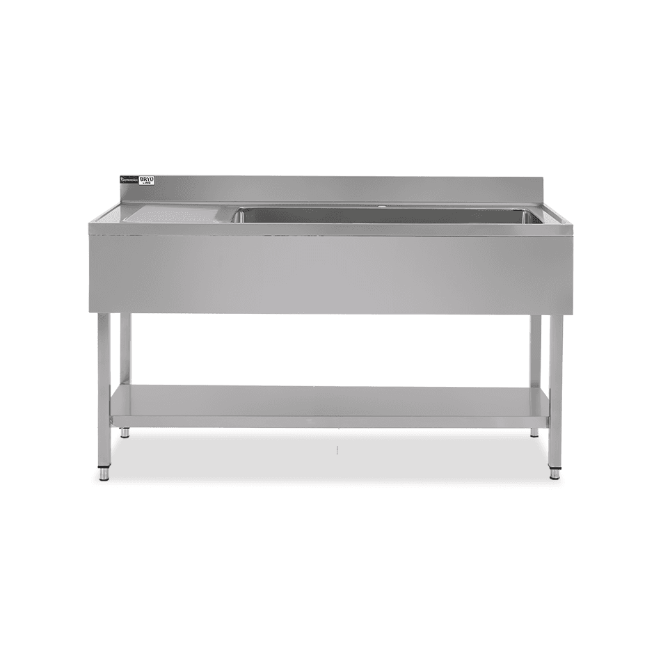 Spültisch, Edelstahl, Abtropffläche links, Grundboden, Aufkantung, 1 Becken, B 1600 x T 600 x H 965 mm, Hahnloch (Ø 32 mm)