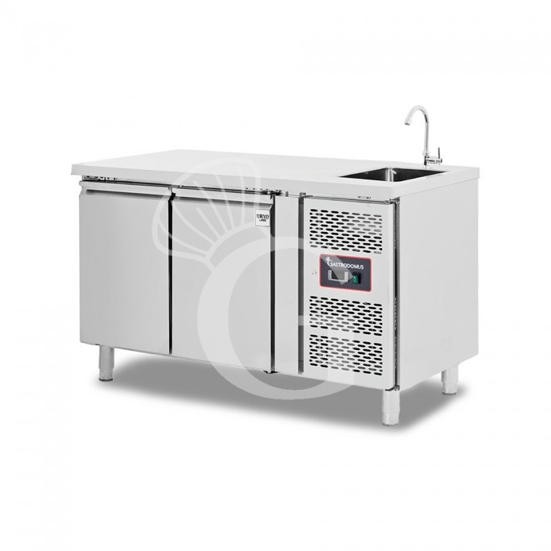 Kühltisch mit Spülbecken und Wasserhahn, 2-türig, Tiefe 700 mm, +2°C/+8°C, Motor auf der rechten Seiten, Energieklasse E
