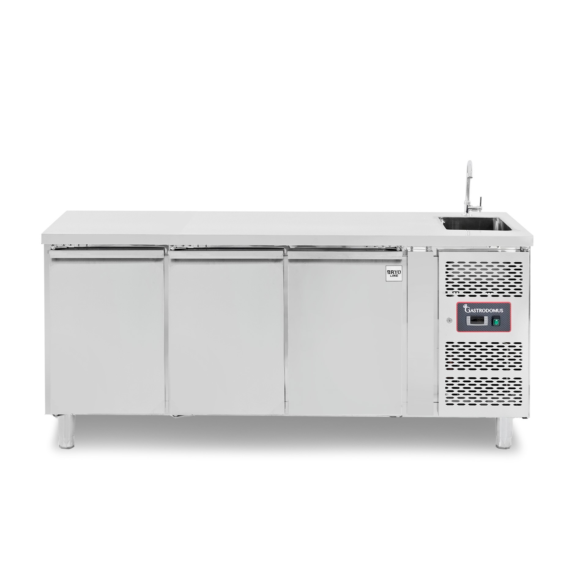Kühltisch mit Spülbecken und Wasserhahn, 3-türig, Tiefe 700 mm, +2°C/+8°C, Motor auf der rechten Seiten, Energieklasse B