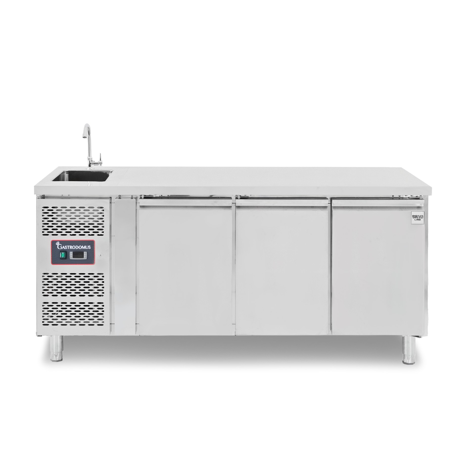 Kühltisch mit Spülbecken und Wasserhahn, 3-türig, Tiefe 700 mm, +2°C/+8°C, Motor auf der rechten Seiten, Energieklasse B