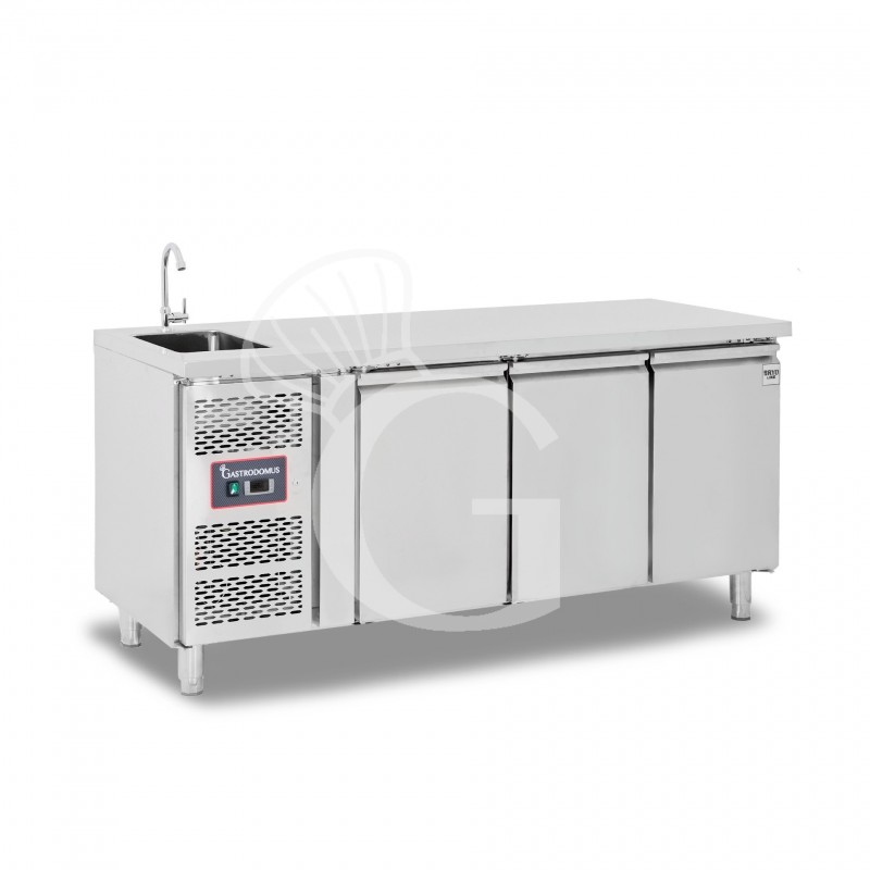Kühltisch mit Spülbecken und Wasserhahn, 3-türig, Tiefe 700 mm, +2°C/+8°C, Motor auf der rechten Seiten, Energieklasse B