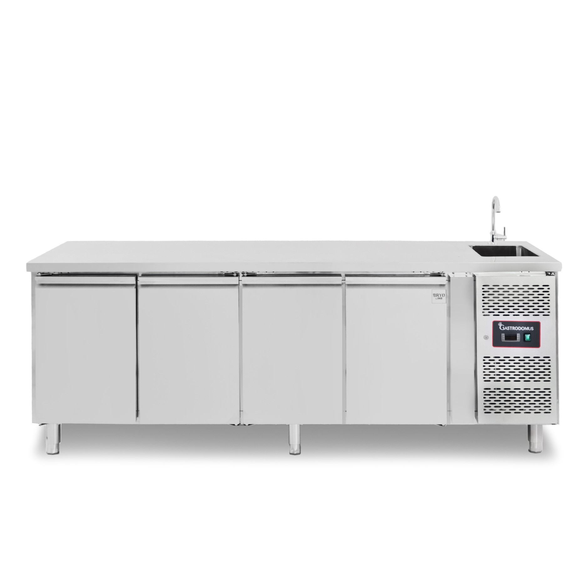 Kühltisch mit Spülbecken und Wasserhahn, 4-türig, Tiefe 700 mm, +2°C/+8°C, Motor auf der rechten Seiten, Energieklasse E